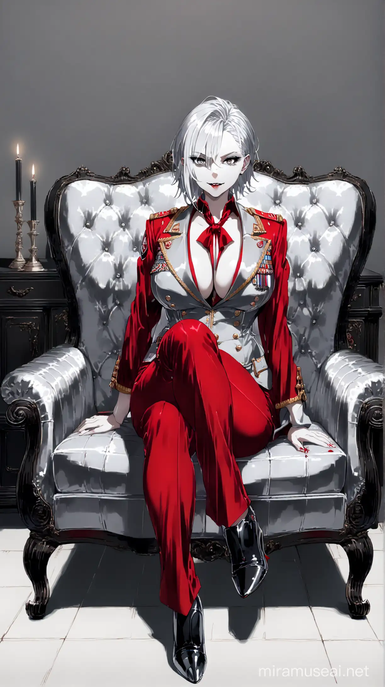 Vampire, (white skin: 1.5), pale skin, (blood: 0.5), (silver eyes: 2), (silver hair: 1.5), (red: 1.2), 1girl, military uniform, red clothes, military, big breasts, giant ass, (front view: 1.5), fangs, looking at viewer, (sitting: 1.5), couch, living room, short hair, seductive, character showcase, formal, tall, beautiful, solo, full body, long pants, formal pants, red pants, black shoes, (black: 1 2), silver