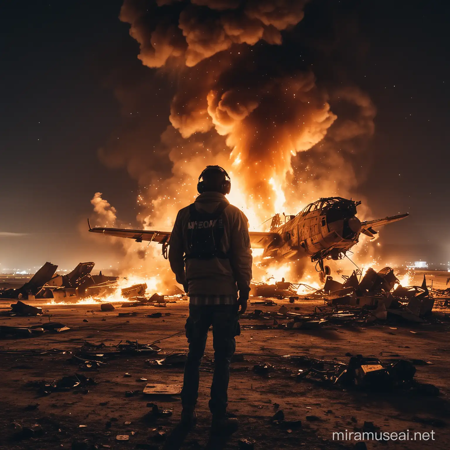a dj in front of a burning destroyed aircraft on the ground with explosions and war in the background during the night with neaon lights
