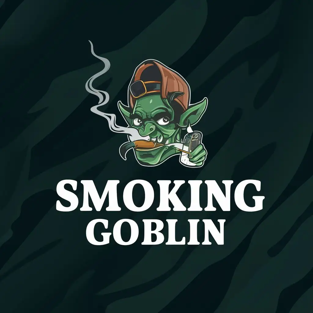 logo, a Smoking goblin with a cannabis joint, with the text "Smoking Goblin", typography