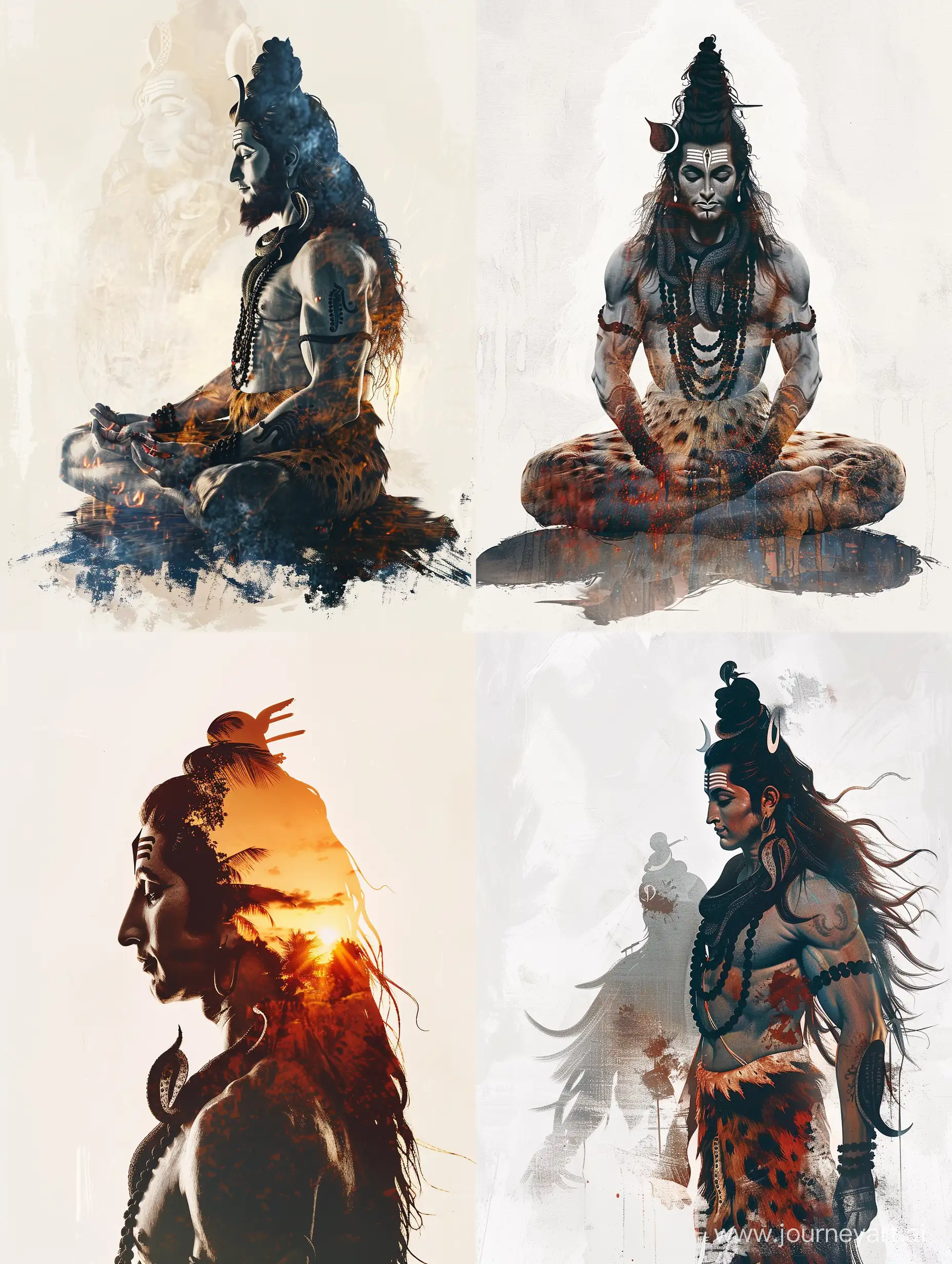 Double exposure illustration of Lord Shiva, with a large shadow at the back, Life and Death, with a white background
