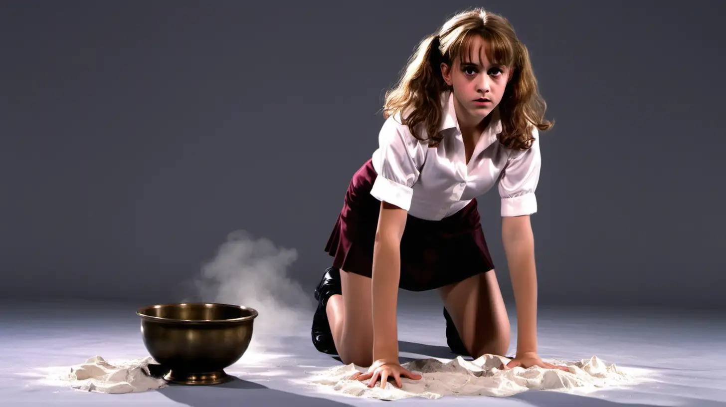 vue de face, Hermione Granger from Harry Potter, chemise blanc talc satin soyeux à manches très courtes ample et mini jupe à quatre pattes la tête  dans gamelle à terre