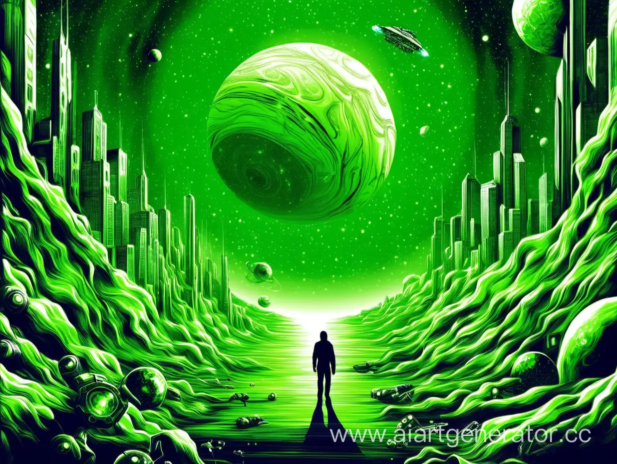 Facebook community cover: Audiobooks sci-fi, thriller, space in green background