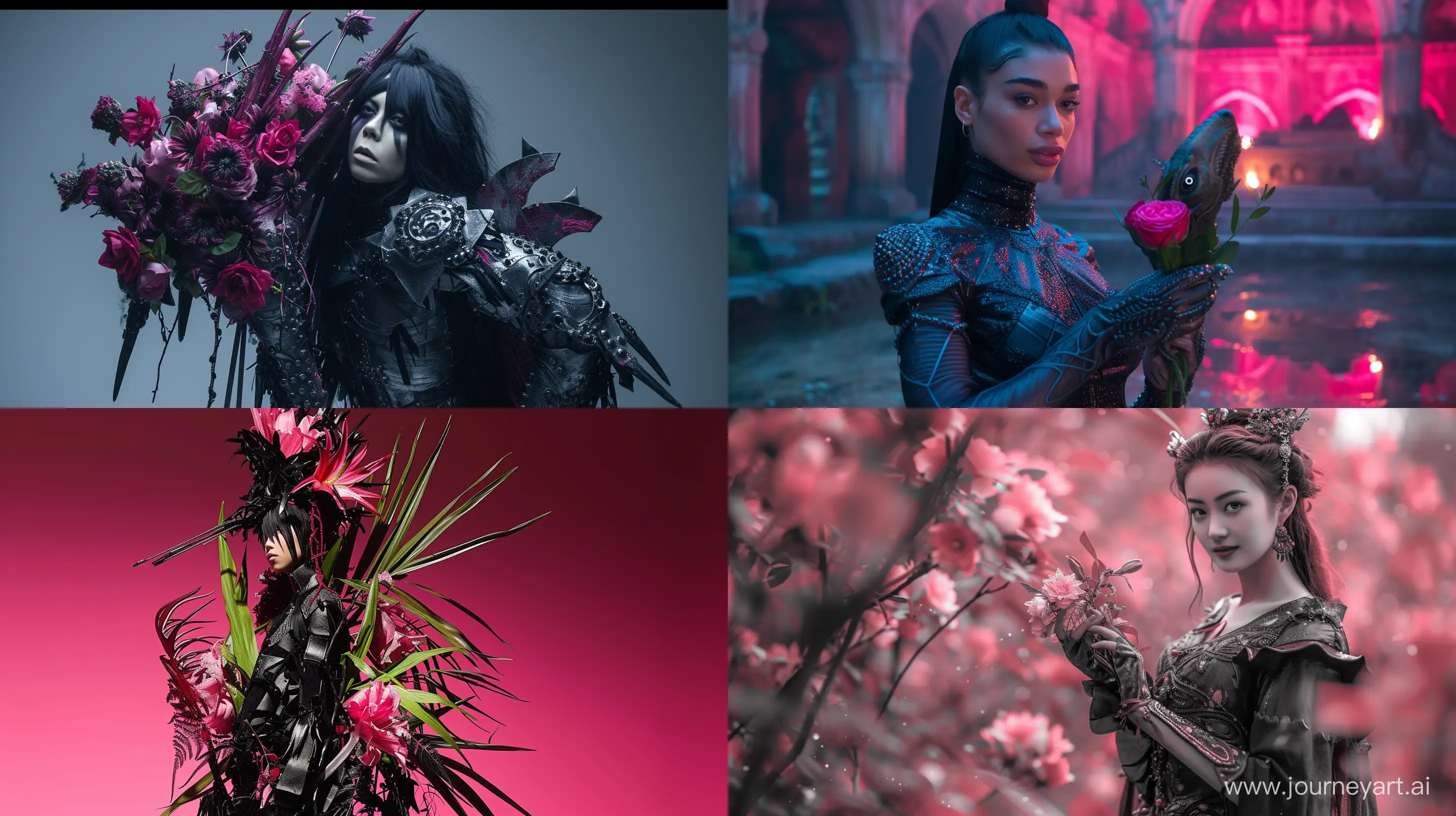 Darkly-Adorned-Woman-Holding-Enigmatic-Flowers-in-Daft-Punk-Style