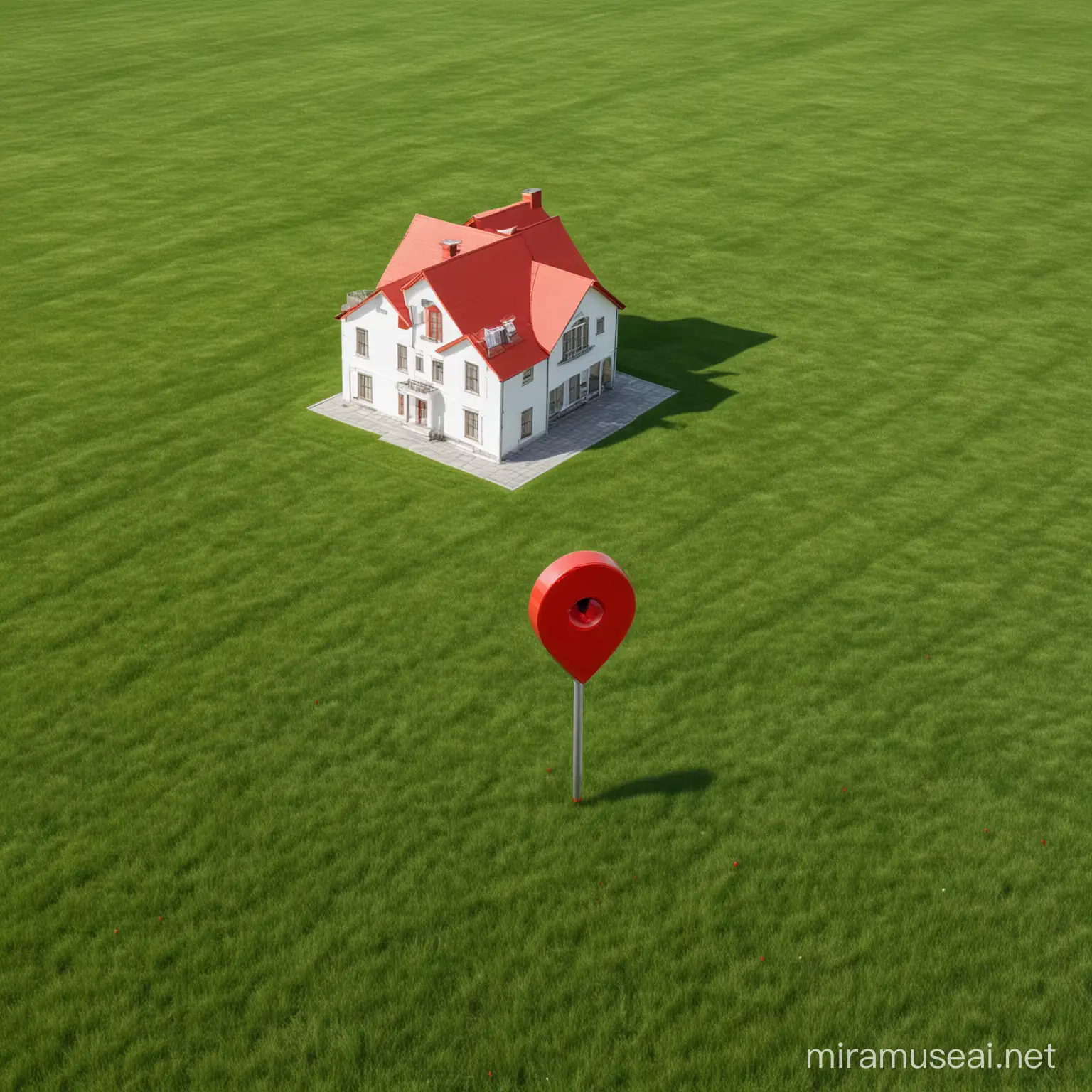Vibrant Green Grass Field with Distant White Mansion and Prominent Red Location Pin