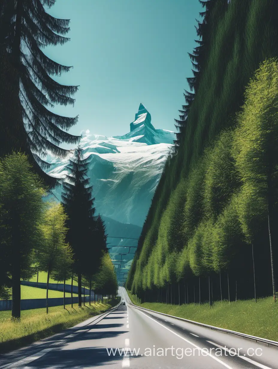 Летом еду в машине в швейцарии, спереди дорога поворачивает, за дорогой линия из очень высоких деревьев гелиос, за ними горы на верхушке снег