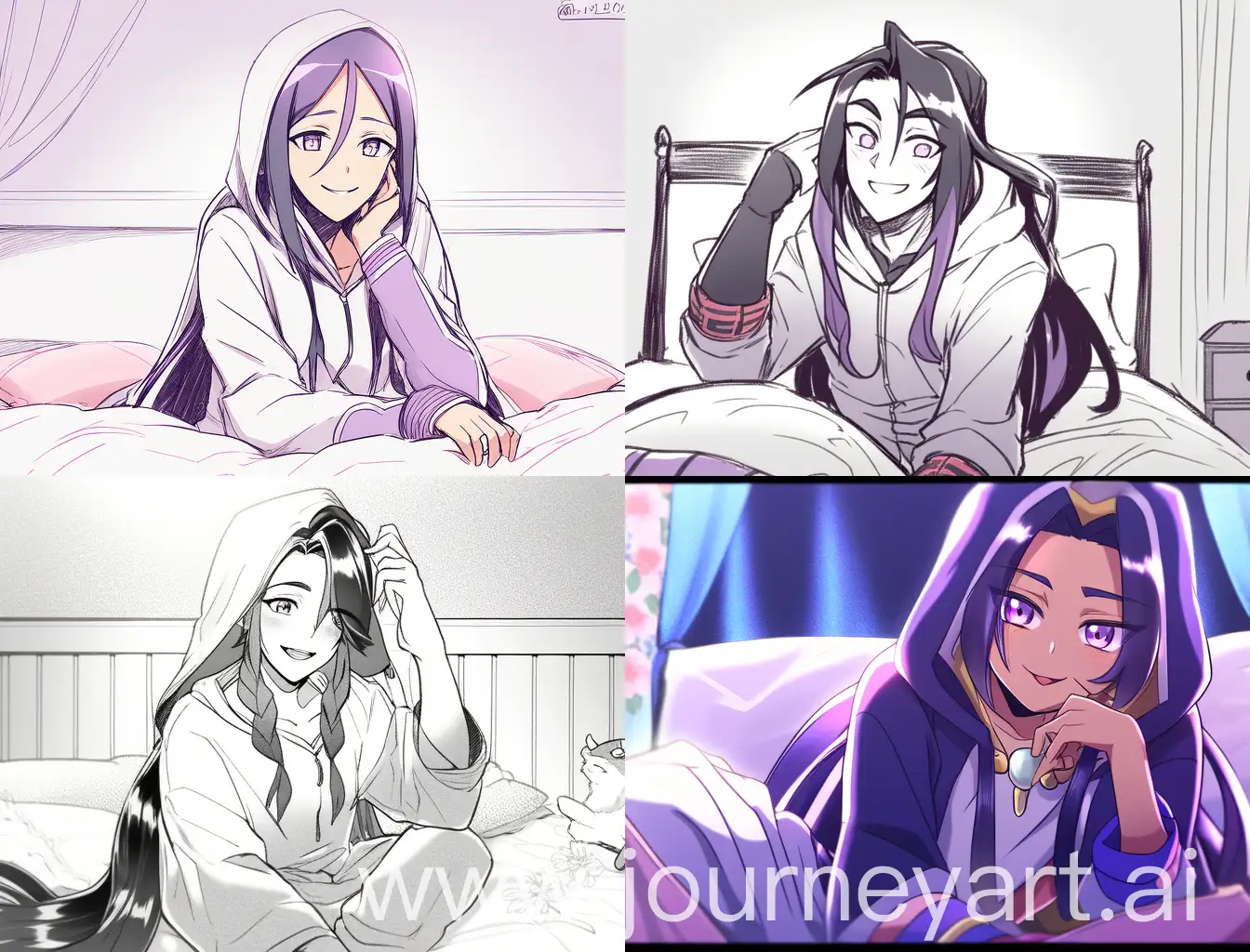 draw the character Minamoto no Raikou smiling at the viewer while wearing a hoodie and sitting on a bed