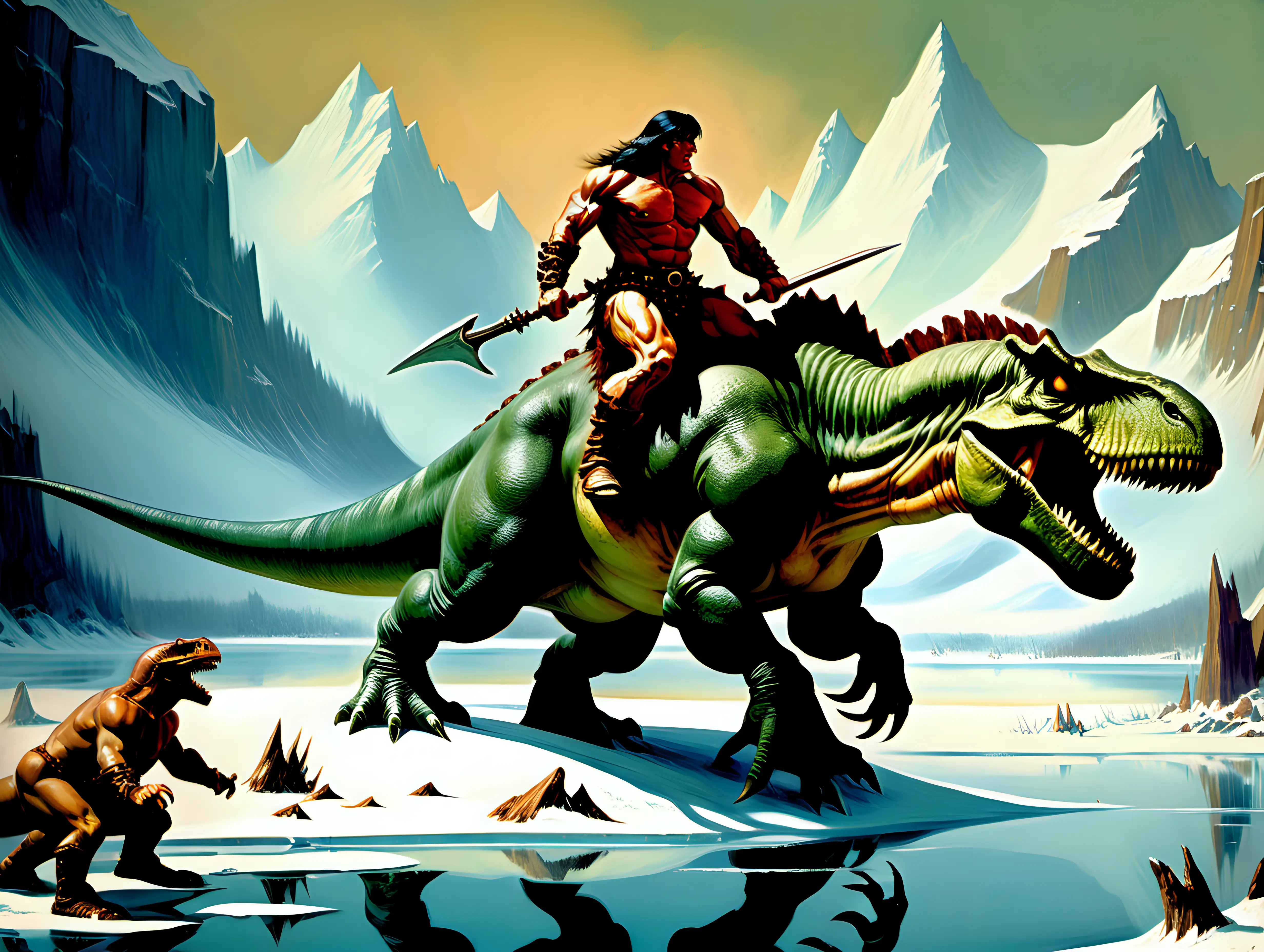 conan the barbarian riding a dinosaur on frozen lake near the mountains Frank Frazetta style