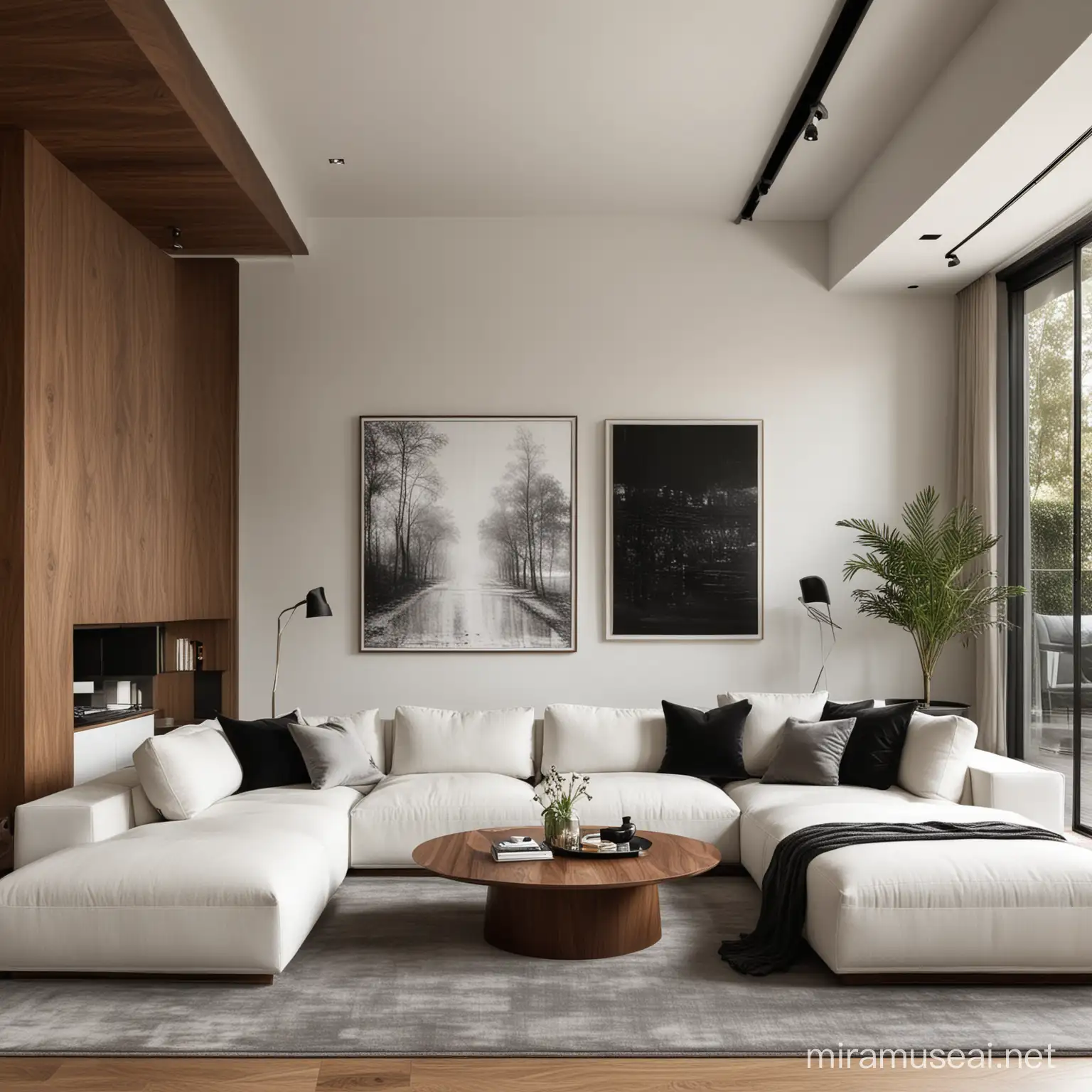 modern amazing living room, walnut, white, black, art on the walls, , soft sofa