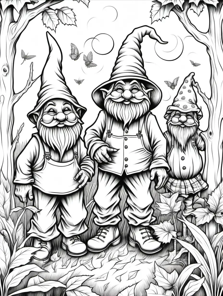 coloring page for adults, gnomes Making a scarecrow, thick lines, low detail, no shading,