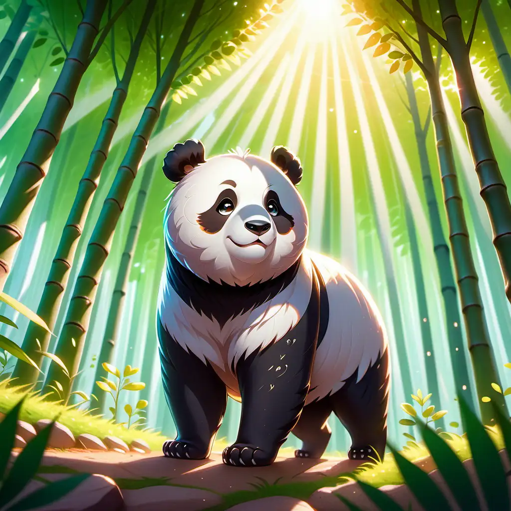 Illustration: Ein imposanter Großer Pandahund steht stolz zwischen den Bäumen, sein Fell glänzt in der Sonne, während er wachsam über sein Revier wacht.kawaii style