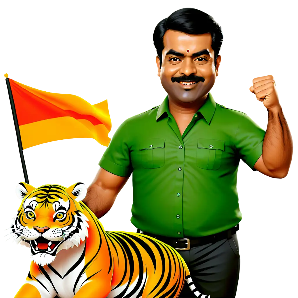 Cartoon caricature of Seeman, Naam tamilar katchi, having a tiger with him. With his political party flag