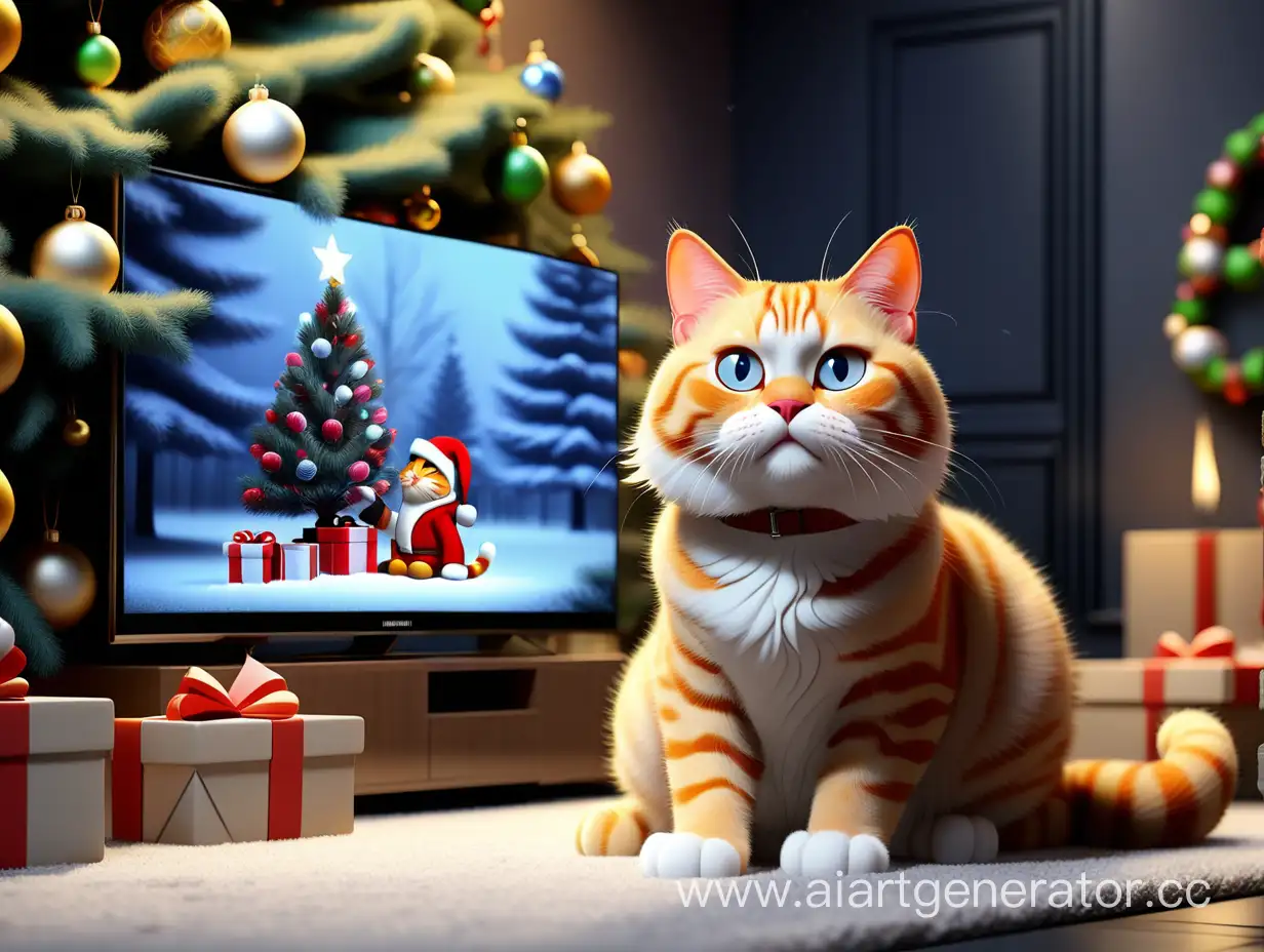 Festive-Feline-Entrepreneur-Showcasing-HUAWEI-LED-TV-by-Christmas-Tree