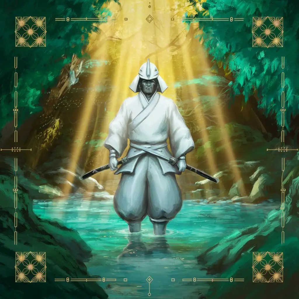 white linin samurai in nature, zoomed out, golden rays of the sun, balance, sacred geometry, emerald green and turquoise