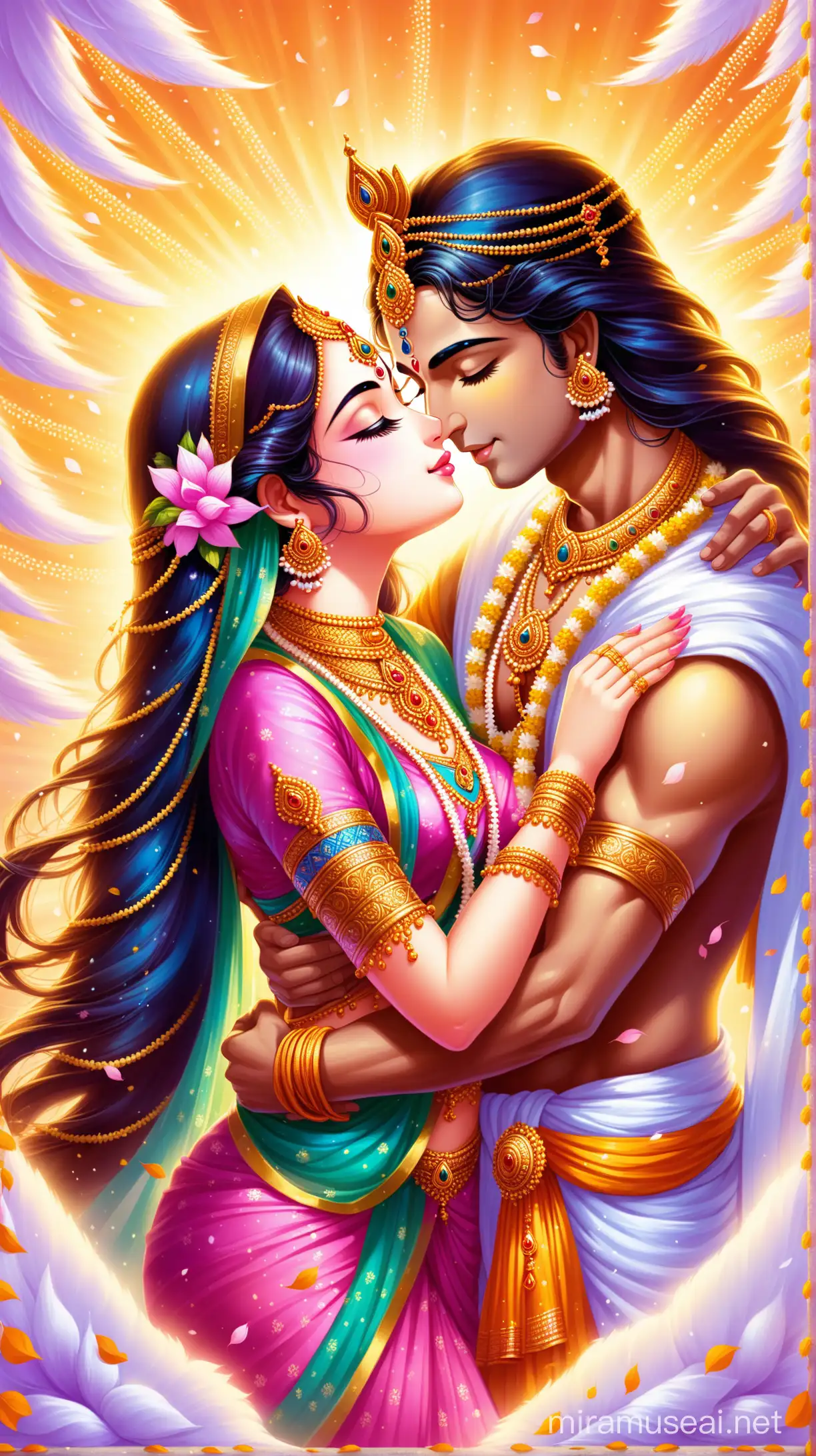 Divine Kiss of Love Radha and Krishna Embracing in Blissful Devotion