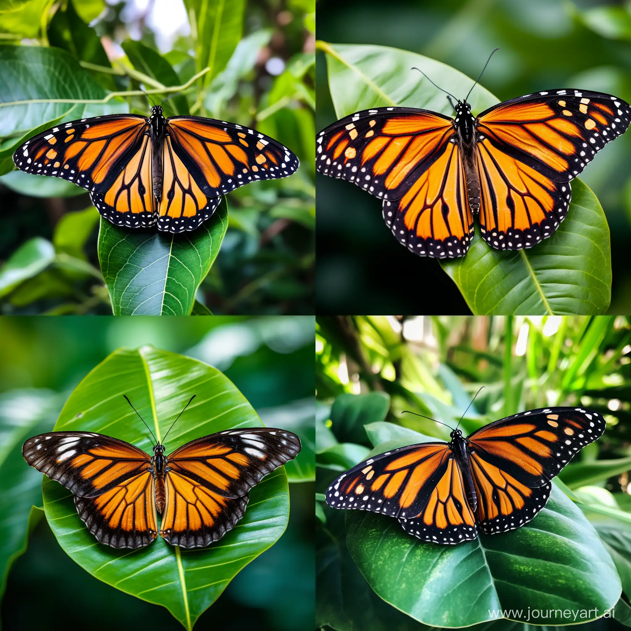 A Monarch butterfly perched on a green leaf. The butterfly's wings are closed in this image.