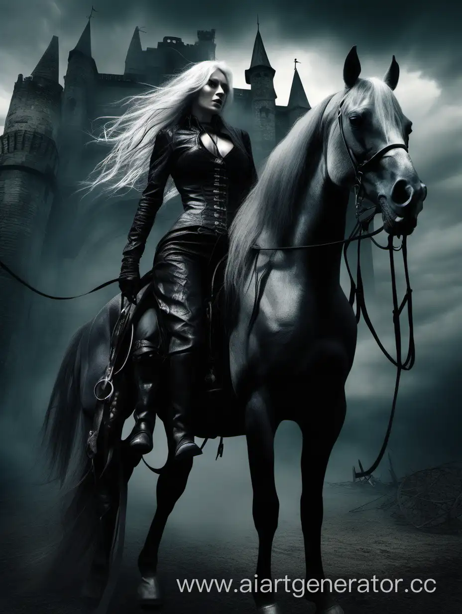 The horsewoman of the Apocalypse is the Plague. A woman with long gray hair. Her body is made up of shadows. an ancient Gothic castle. She holds the reins from the bridle in her hand, and a horse stands next to her.
