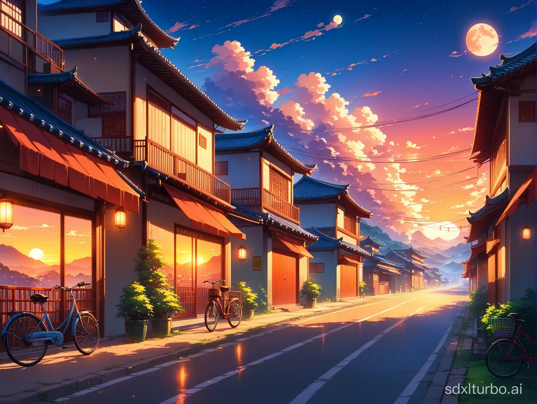 Colorful-Evening-Sunset-on-Southern-Chinese-Town-Street-with-Bicycle-and-Moon