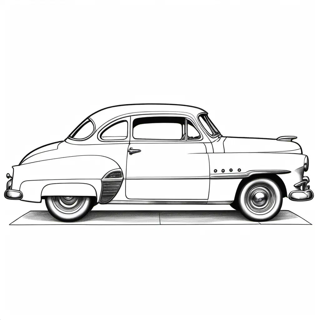 a simple black and white coloring book of side view of a 1950s car 