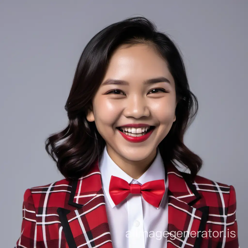 smiling and laughing pinoy woman with shoulder length hair wearing a red and black plaid tuxedo, wearing a white shirt, wearing a red bow tie, wearing lipstick