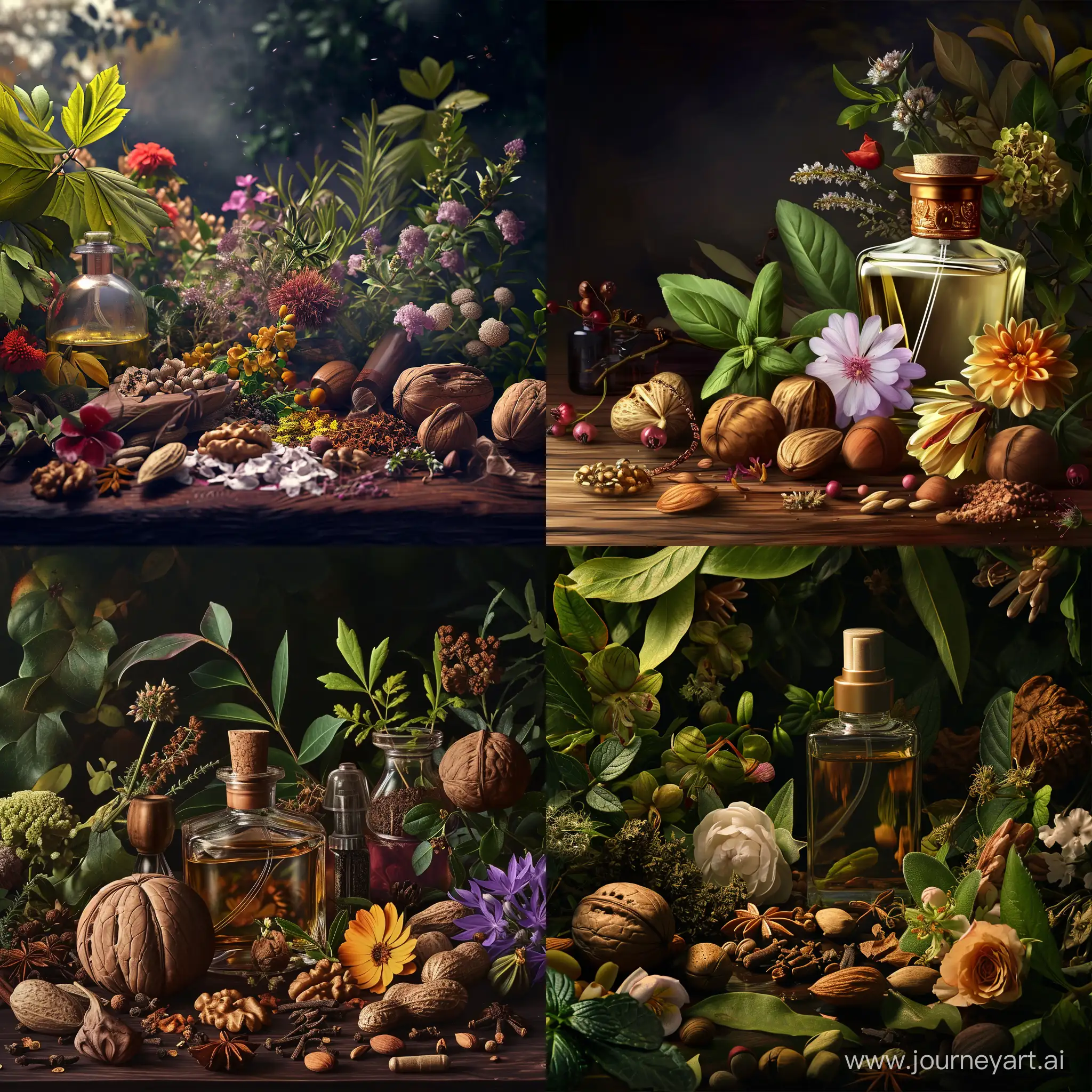 Exquisite-Perfumes-and-Medicinal-Herbs-Amidst-Rare-Flowers-and-Nuts-on-a-Mysterious-Dark-Background