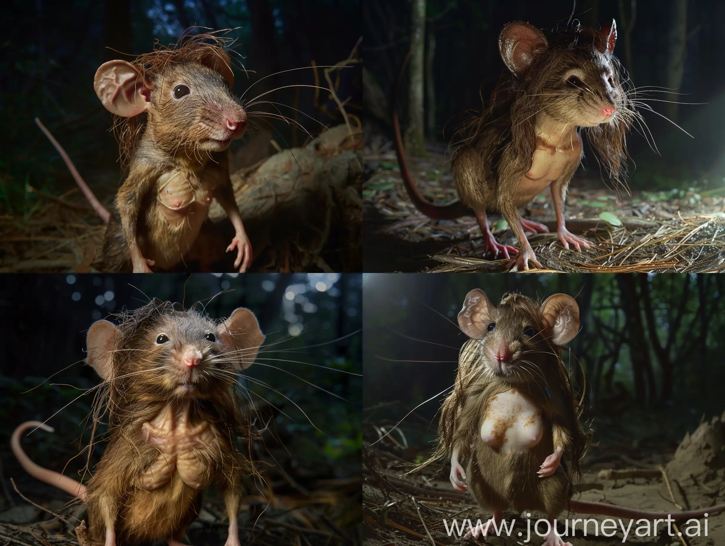 A mouse. She has loose brown hair, a caucasian human face and a chest. She has a tail, ears and a snout. She is standing on all fours in a forest at night. Realistic photograph, full body picture.