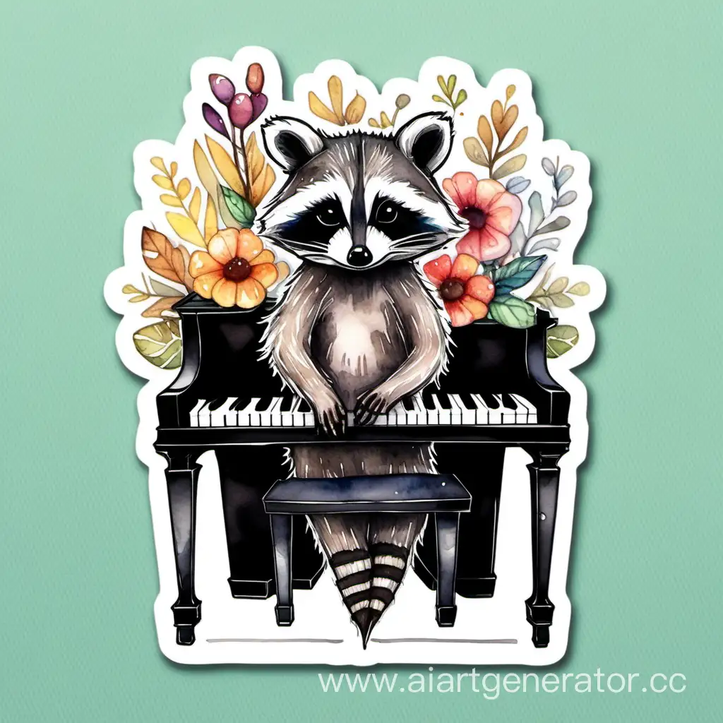 Adorable-Raccoon-Playing-Piano-Sticker-in-Delightful-Watercolor