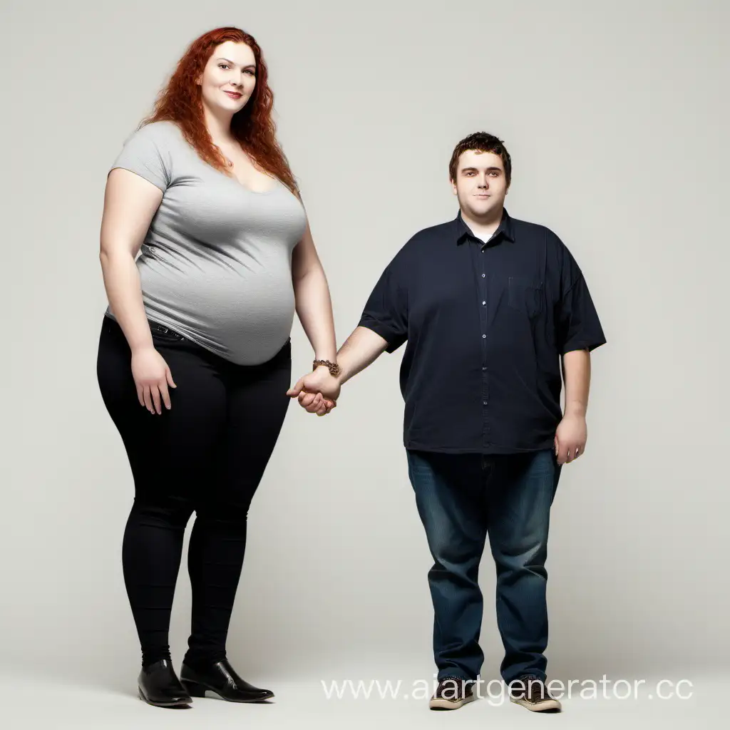 a tall, large woman holding the hand of a short guy