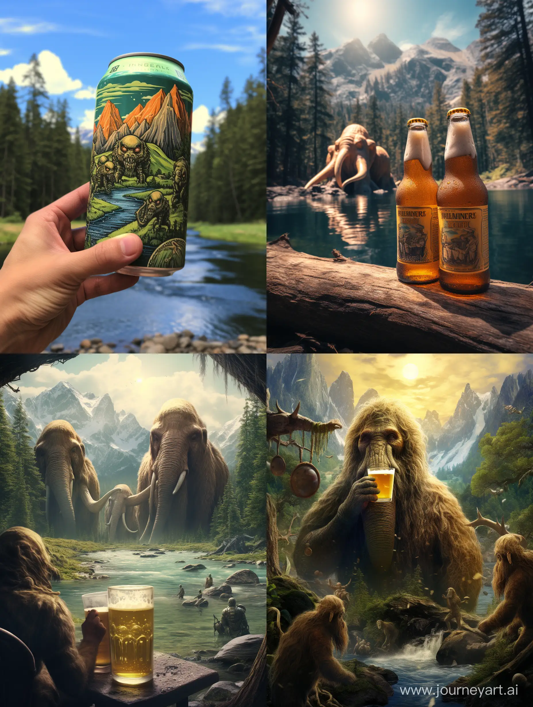 Пиво в лесу, река, горы, мамонт, инопланетяне