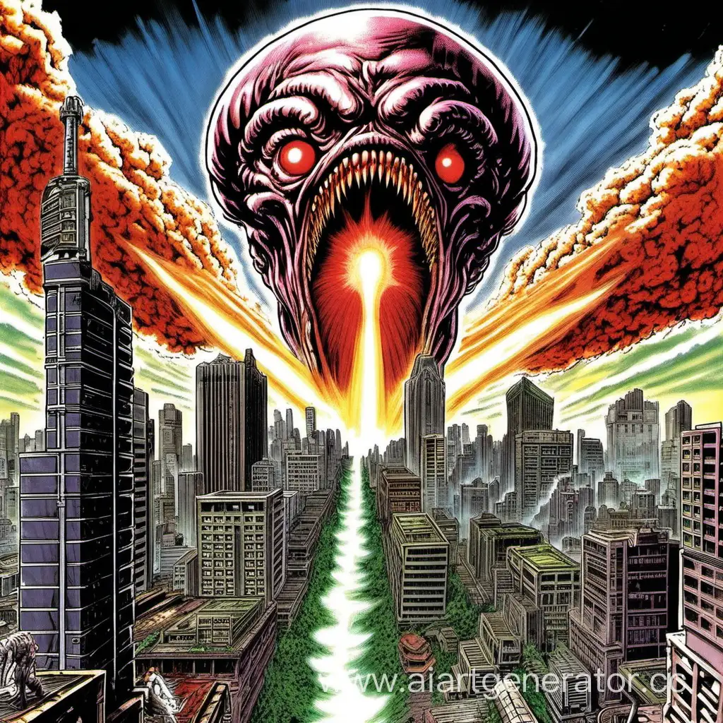 
Contra: The Alien Wars.
Огромная голова Чужого в небе наносит ядерный удар из своего рта на город 