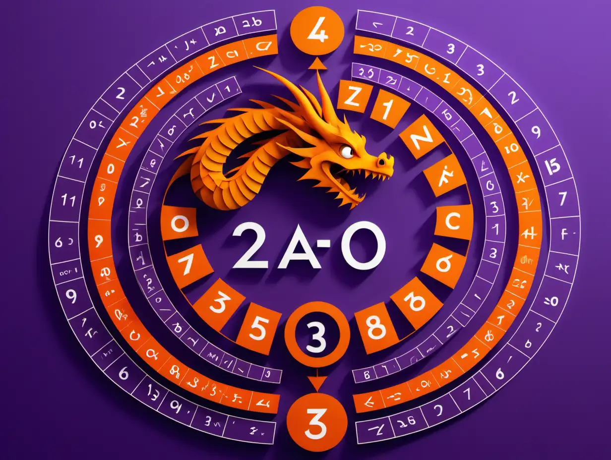 A circle make of mathematical signs and numbers could represent a visual depiction of mathematical relationships or equations. Each segment of the circle contains a symbol (+, -, ×, ÷) or a numerical value. a dragon sign in color orange is in the inner circle. Font text in purple color and background in orange color

