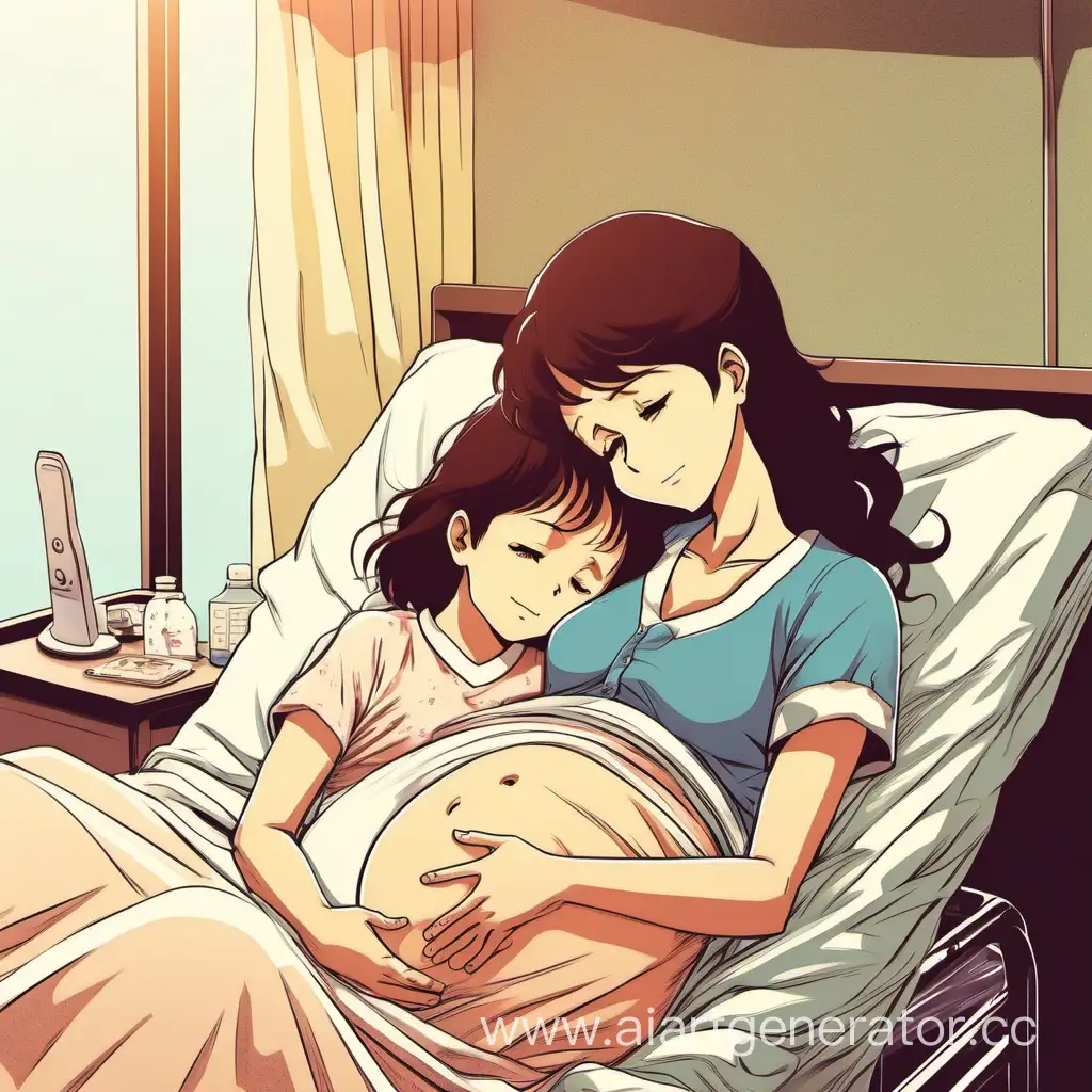 vintage anime overdue pregnant mother in birth with little daughter hugging her mommy's belly in (hospital bed)