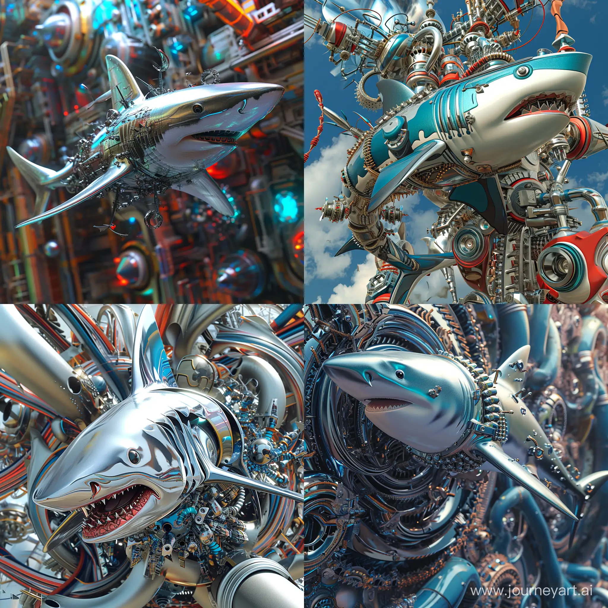 Abstract-Shark-in-Twisted-Futurism-Silver-and-Blue-Fantastical-Machine-Composition