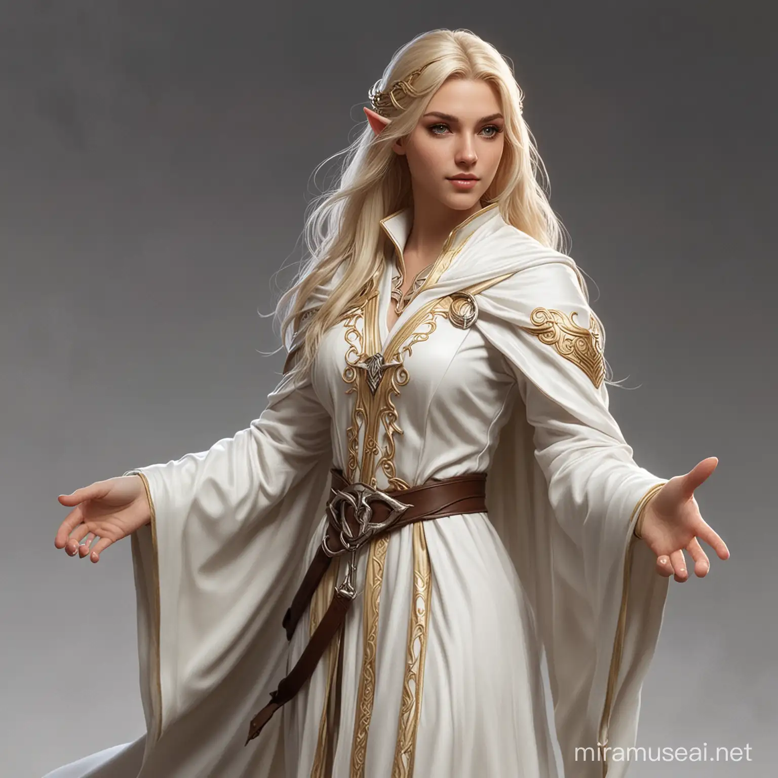 Half-elf, cleric, blonde, female, kind, white robes.