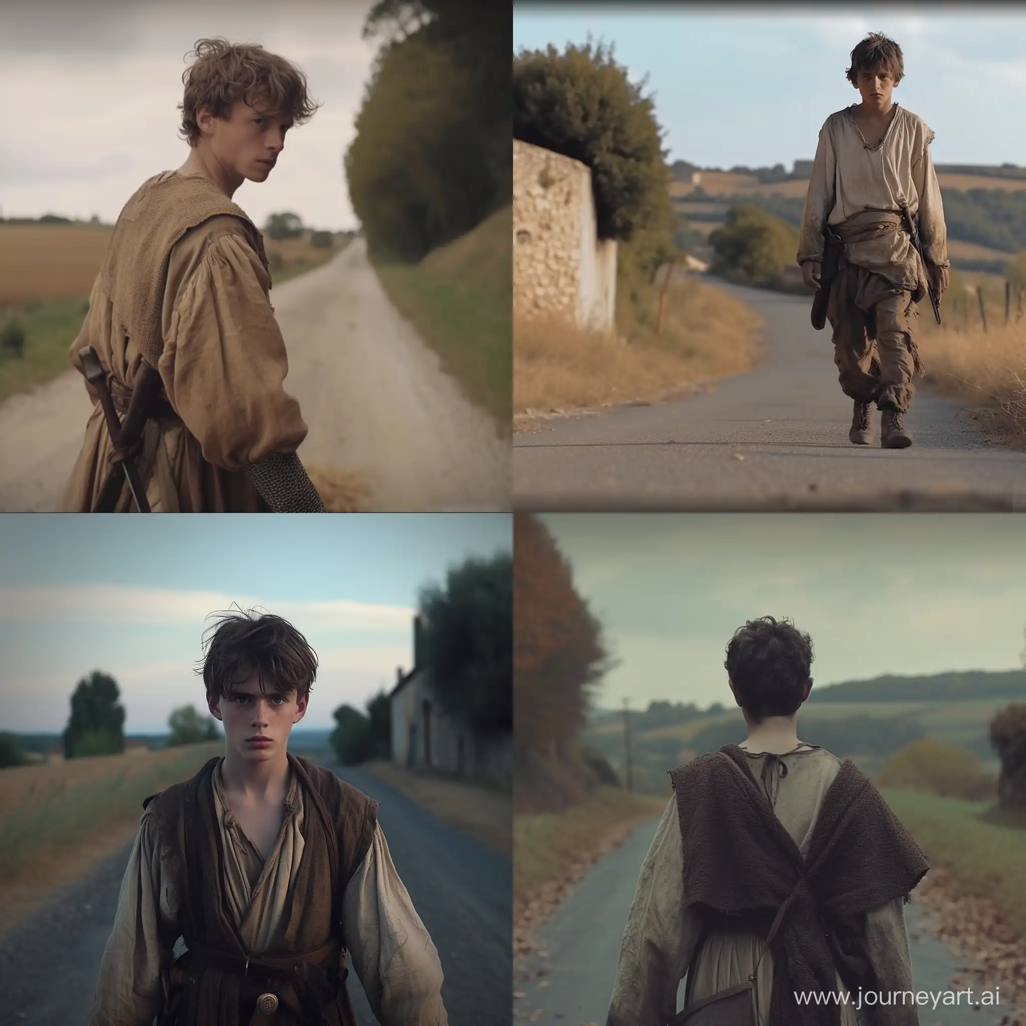 видео про расстроенного подростка-пастуха, живущего во Франции в 13 веке. Он идет по дороге и оглядывается на нас