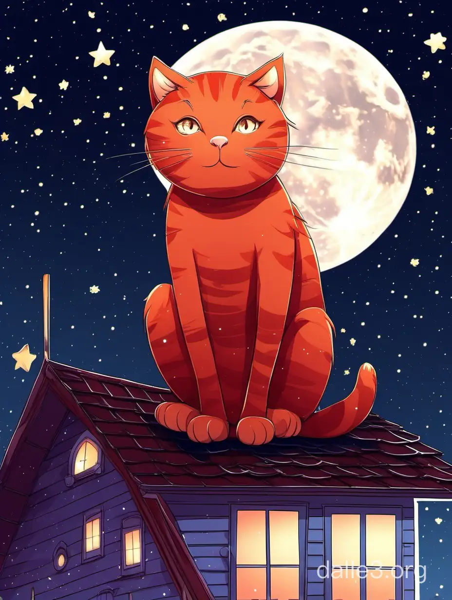 Big red cat sitting on the roof of a tall house, night, full moon in the sky, stars