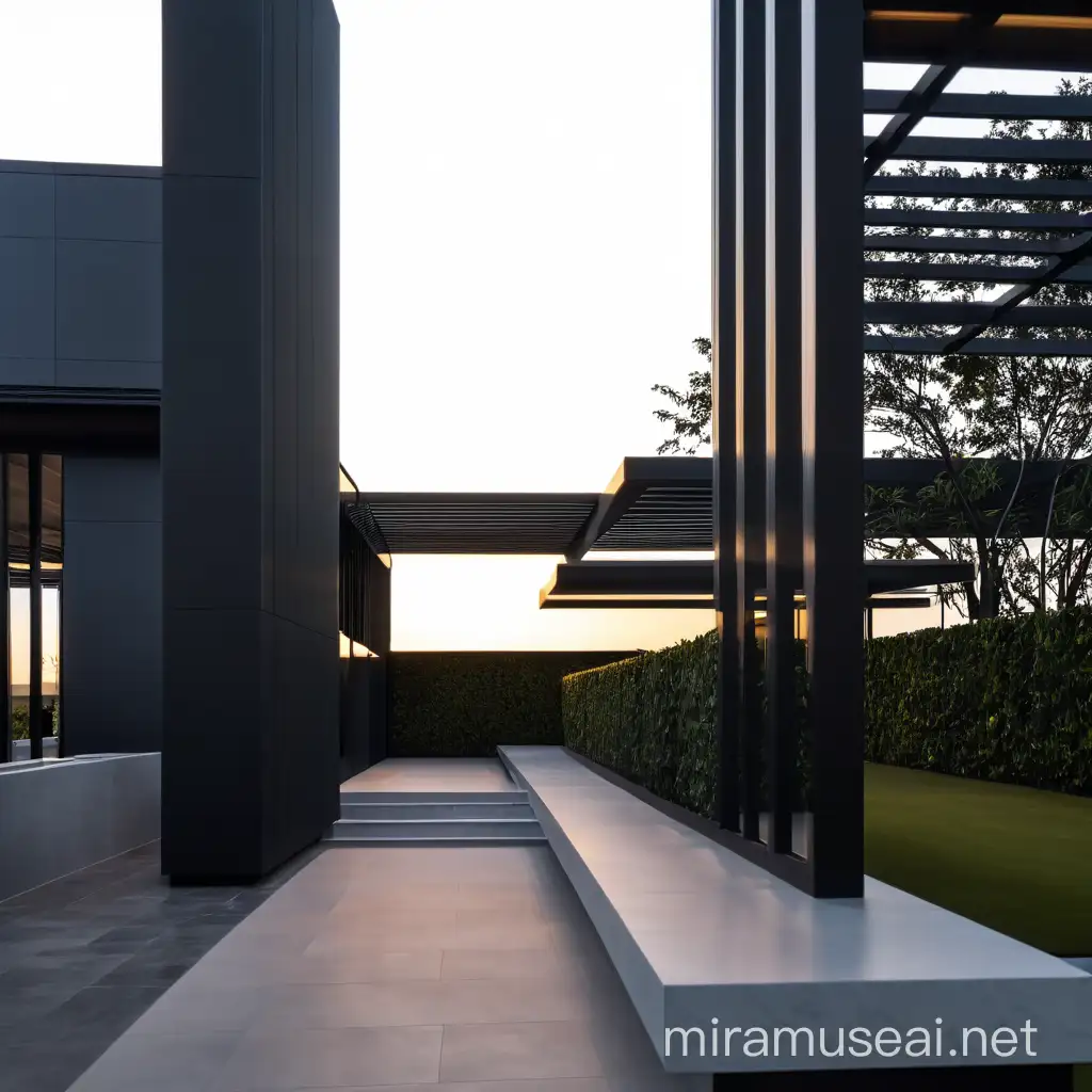 restureant with cinematic 400mm photo of a luxurious, contemporary, modern, large glass, matte black aluminum, wall paneling, artificial lighting, sunrise, low light, artificial lighting, cinematic photography.