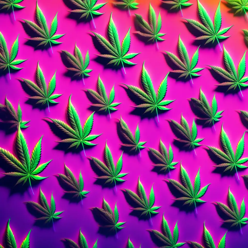repeating pattern of photo realistic cannabis buds floating on a neon gradient background
