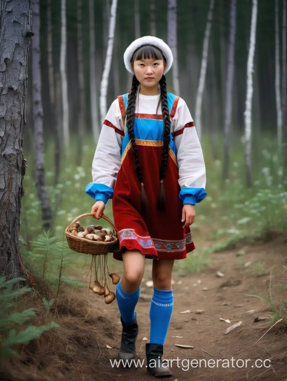 Девушка бурятка в спущенных носках и национальном мини-платье с длинными рукавами и косичками собирает грибы, полный рост