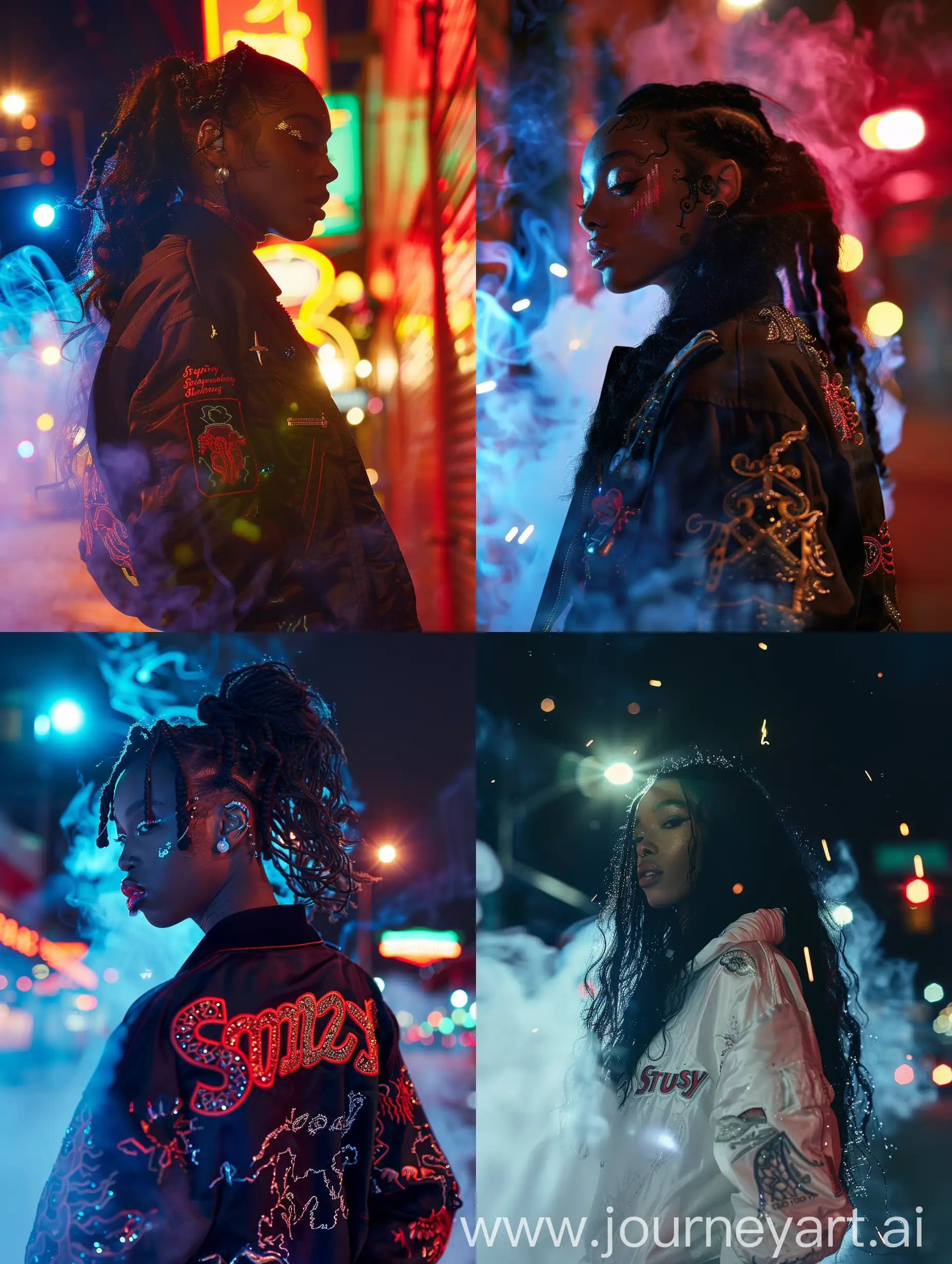Side View pulsating lights,Night time, Sza exudes downtown cool and futuristic allure in a collaboration, Stussy x Supreme streetwear, Dynamic photography, captures the surrealism, highlighting hyper-realistic details like intricate embroidery. Soft Smoke, ,attitude and effortless style, Sza enhances her allure, making her even more captivating and sexy, Some Spark Flares