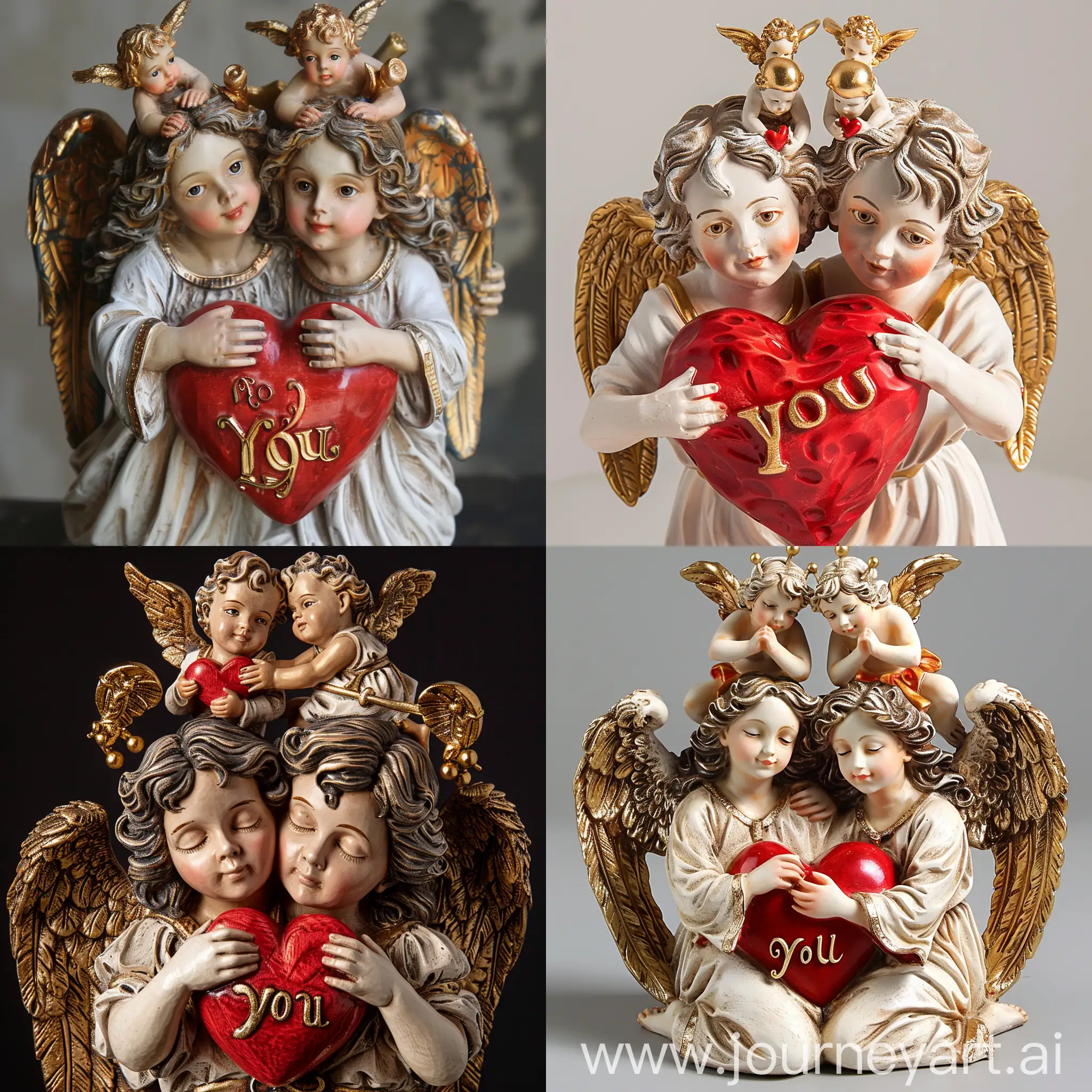 realistic large 2 angel statues holding a masterpiece red heart and on top 2 gold cupids with a gold inscription for you