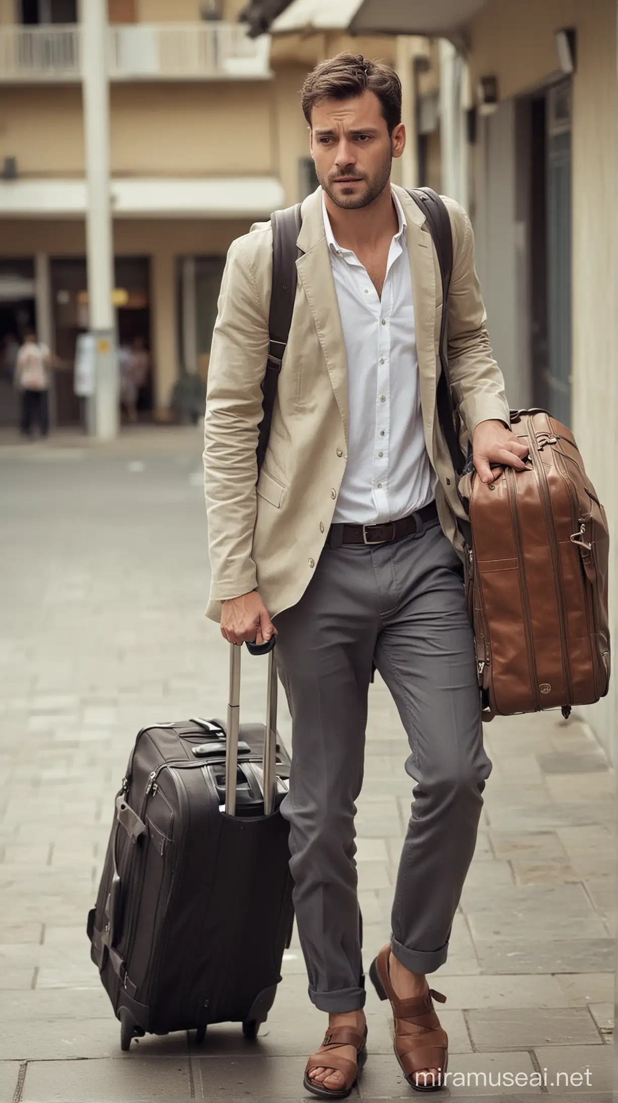 Scene of the man returning from honeymoon: The man is seen returning home with a sad expression, carrying his luggage.
