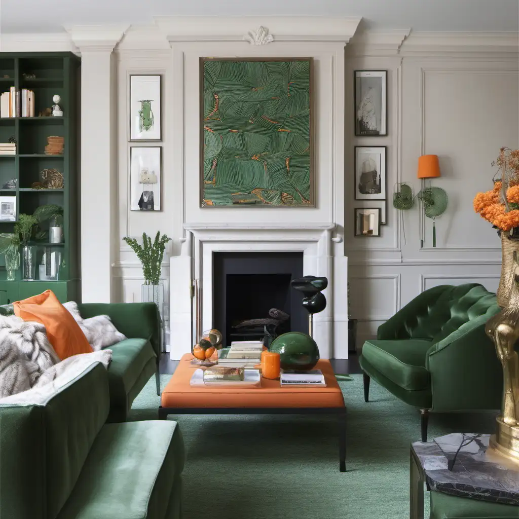 sophisticated and timeless living room with green and orange as the main colours