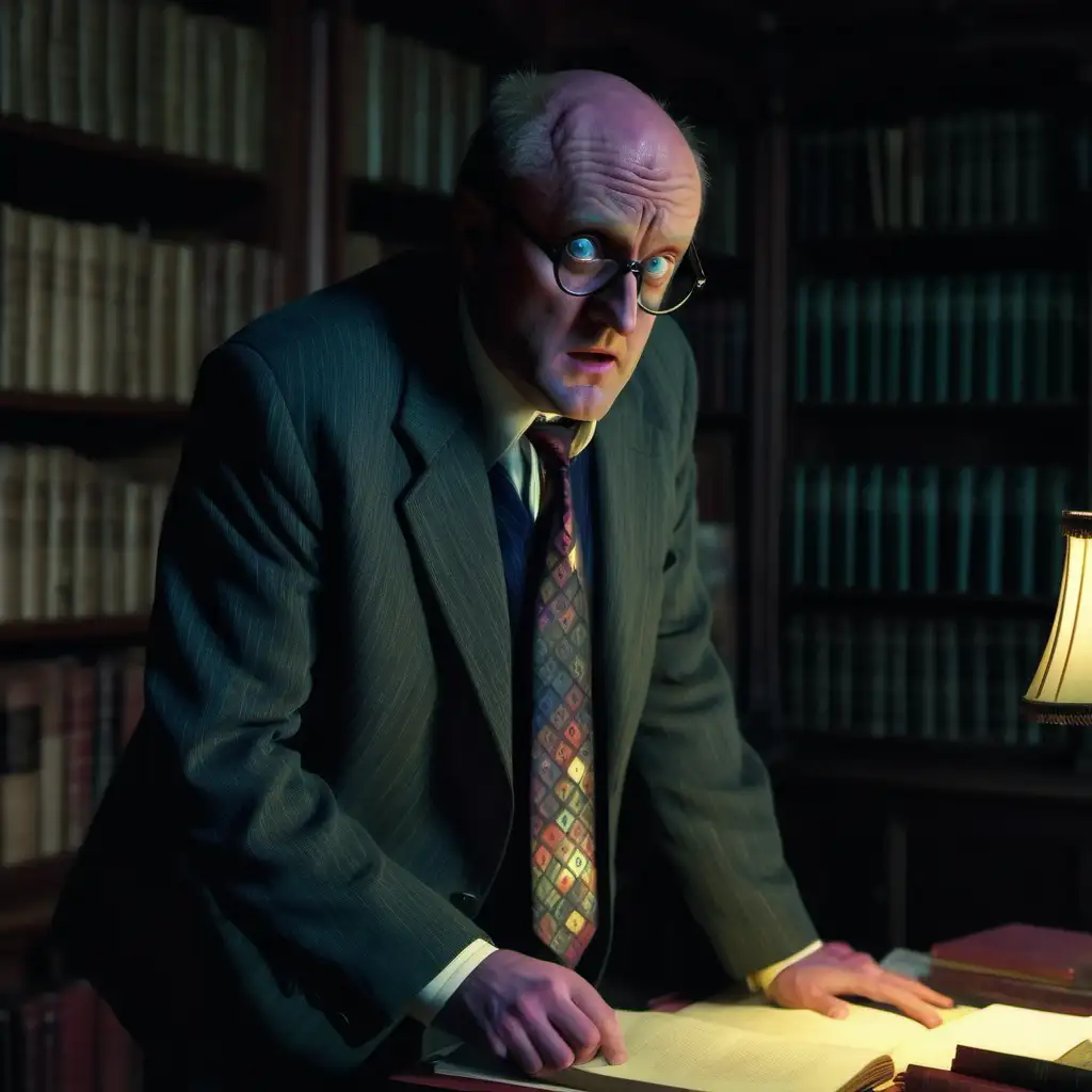 Actor Adrian Edmondson old dark grey jacket and tie frowning suspicious in dark library multicolored glass desk lamp in large manor house