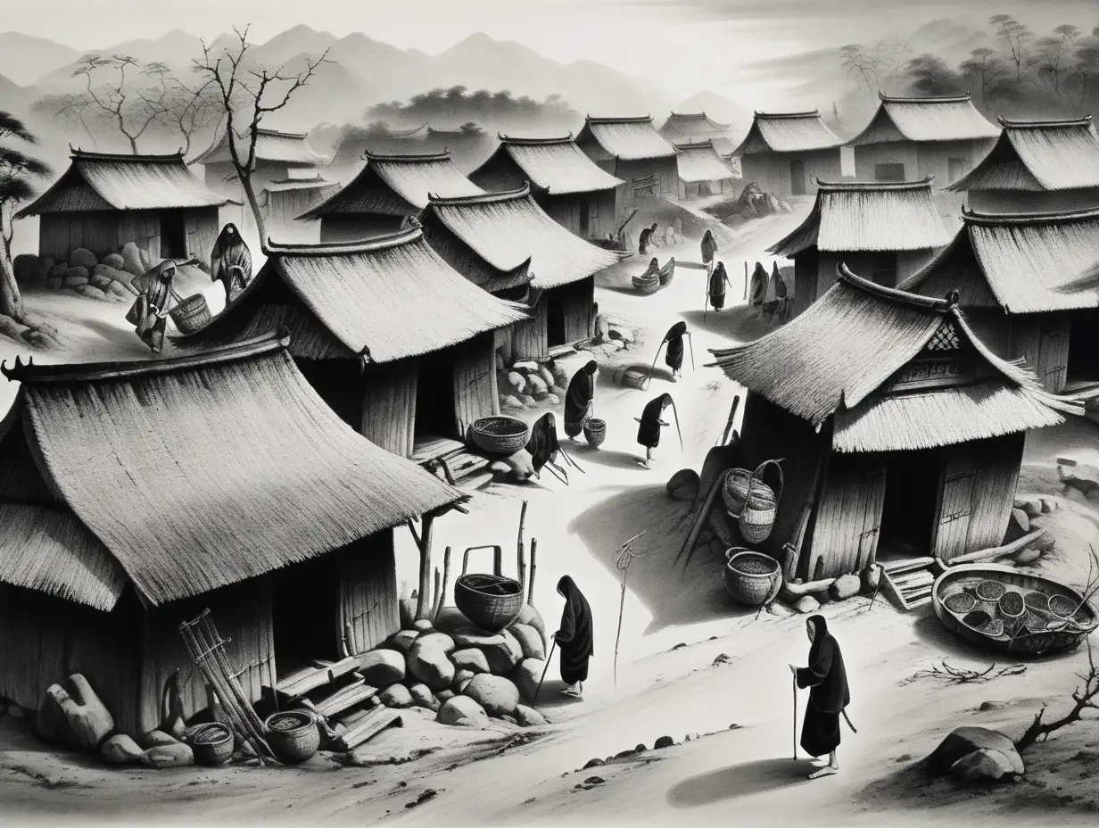eastern ink painting in black and white village experiencing suffering and famine