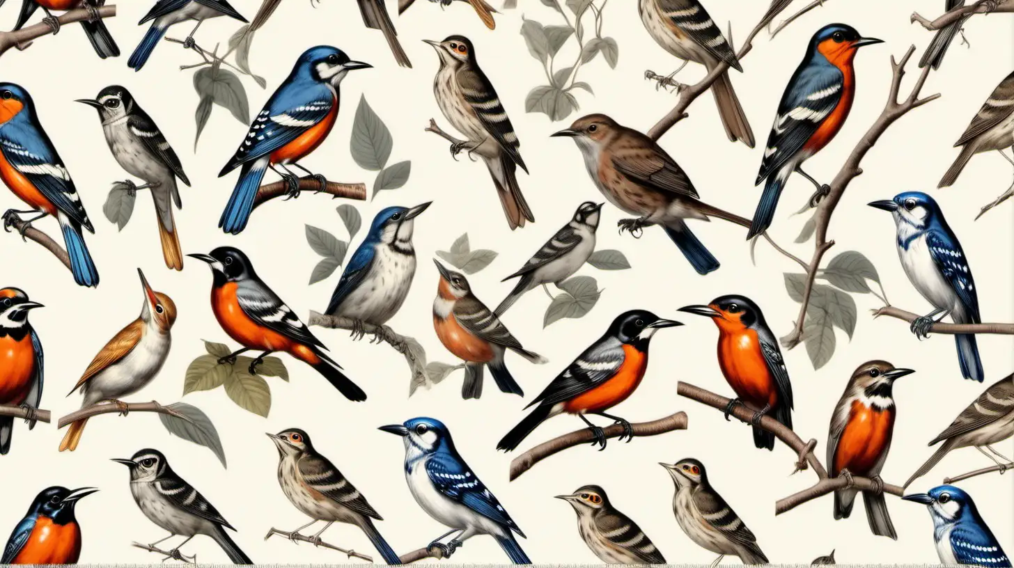 give me a seamless pattern of birds, oriole, robin, owl, humming bird, sparrow,  blue jay, wood pecker,  have it in a 1950's style advertisement with a solid white background,  antiqued faded look