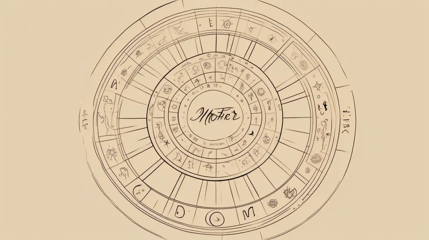 Draw An astrological wheel with a mother figure. Loose lines. Muted color, with label style little text