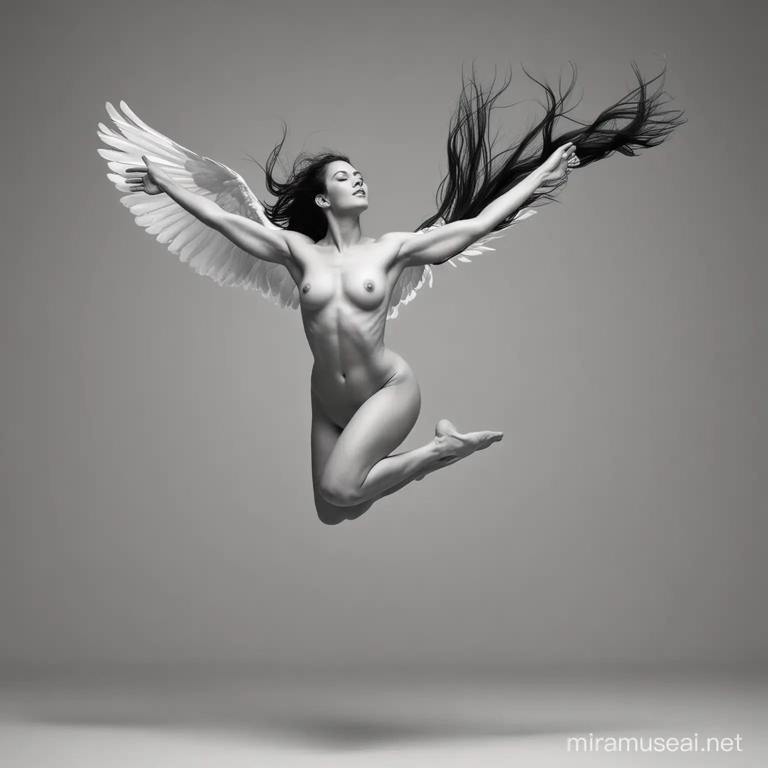 Graceful Nude Woman in Monochrome Minimalist Flight