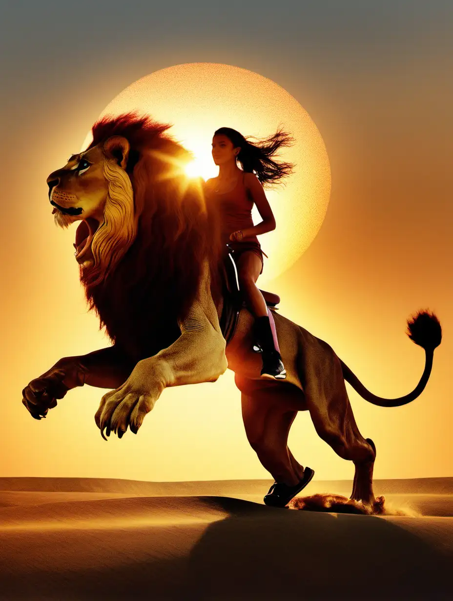 woman riding on a running lion with sun set in the backround
