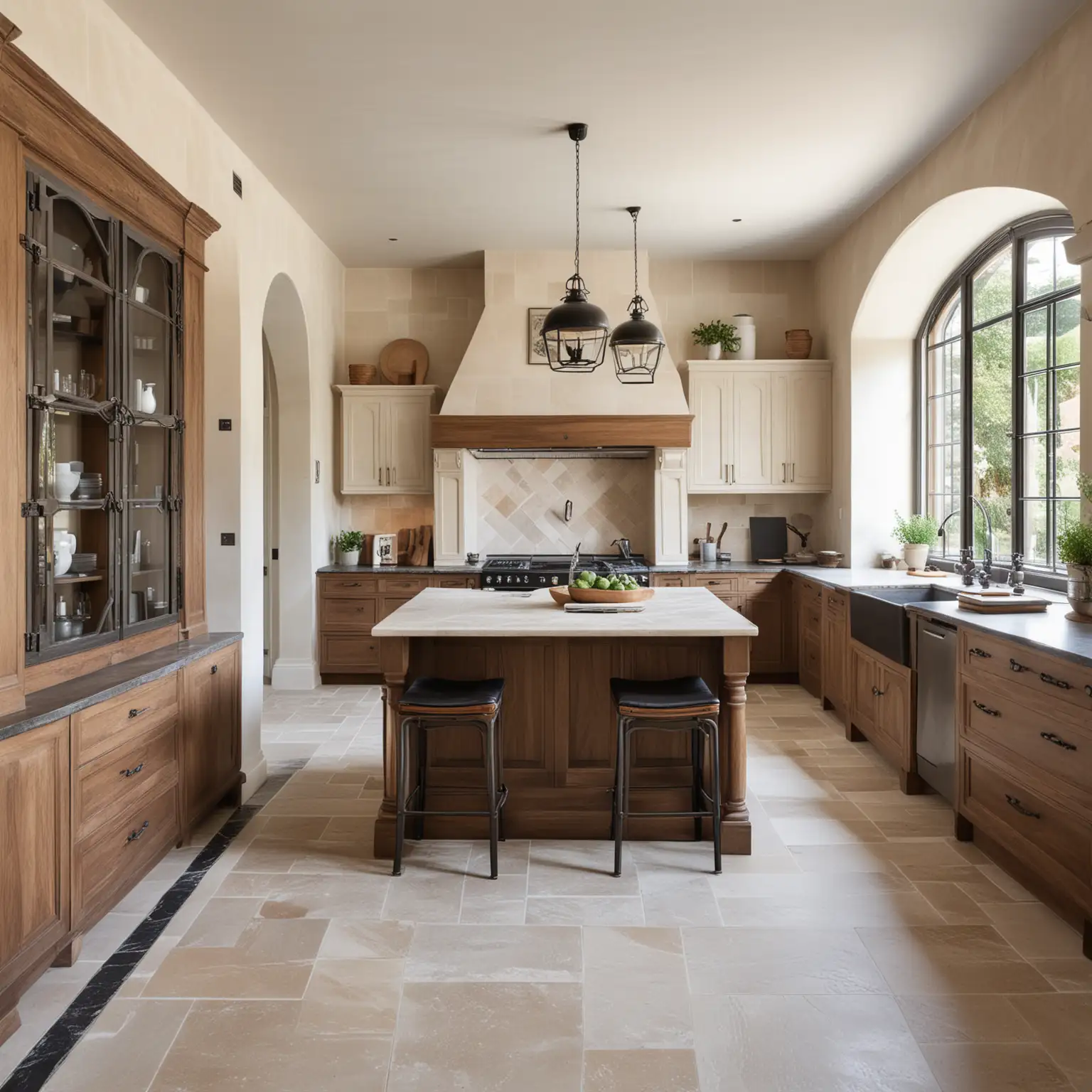 a modern French chateau estate home kitchen of limewash walls, limestone square and picket pattern floor tiles,  walnut wood,  beige and black, 