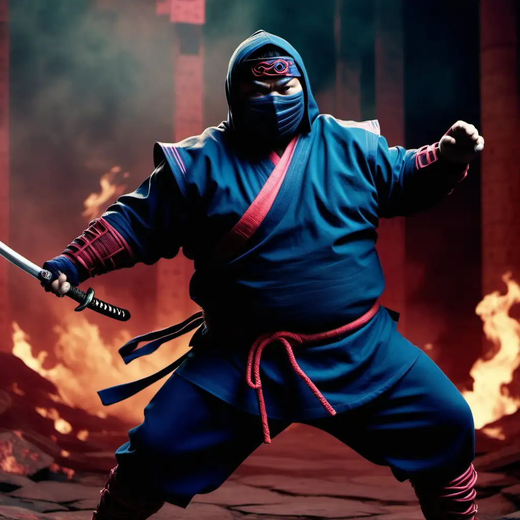 film Technicolor z 2023 roku, krótka gruba antropomorficzna mortale combat w kostiumie ninja , nakładka „The Amazing ninja ”, panorama piekła  --ar 9:16 --v 6